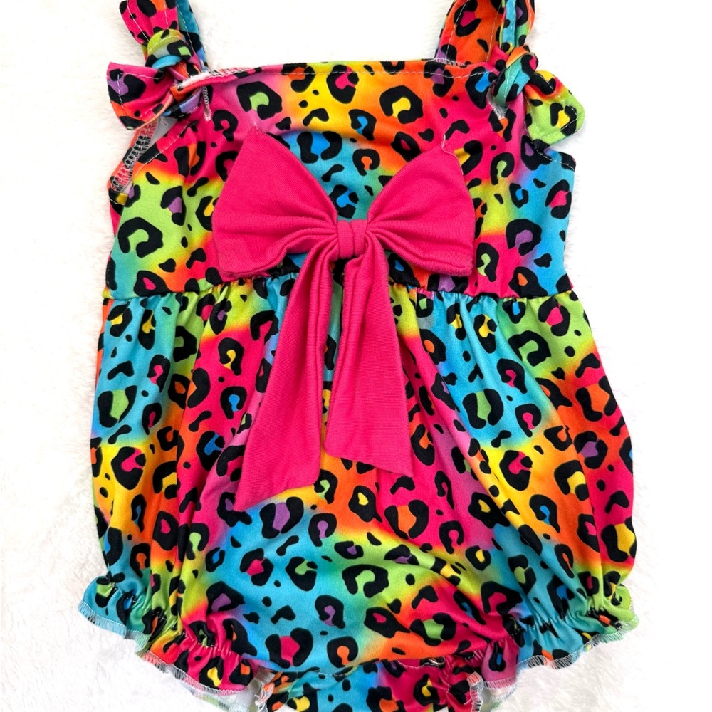 Neon Rainbow Leopard Baby Romper with Pink Bow 6-12m